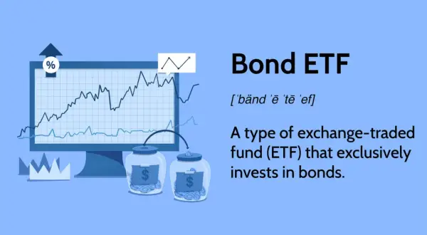 Illustration defining Bond ETF, showing a graph on a monitor and jars of coins, representing investments in bonds.