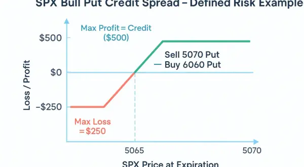 SPX Bull Put Credit Spread graph showing max profit of $500 and max loss of $250, achieved by selling a 5070 Put and buying a 6060 Put.