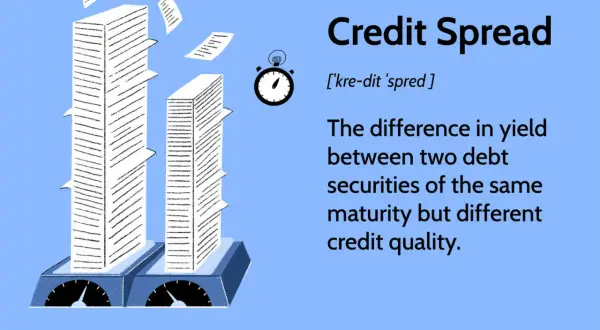 Illustration explaining credit spreads: two tall stacks of paper on scales, with a stopwatch and text defining the term.