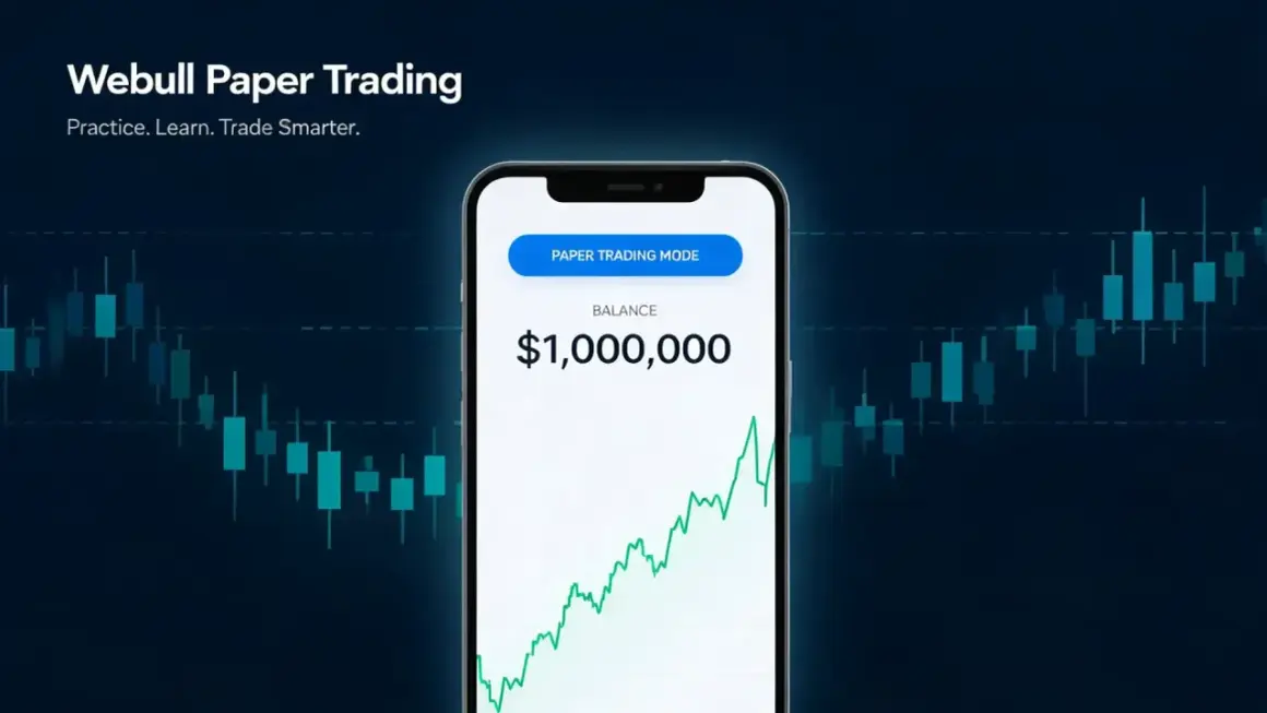 Webull Paper Trading app on a phone shows a $1,000,000 balance. This is how to practice what is paper trading without real money.