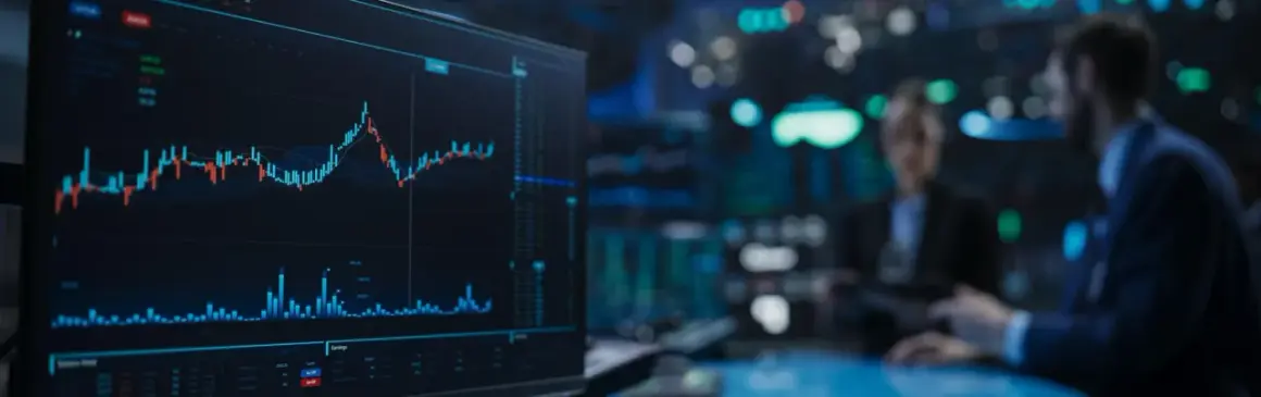 A stock market graph on a screen, with two blurred figures in suits in the background, possibly discussing a Morgan Stanley IPO.