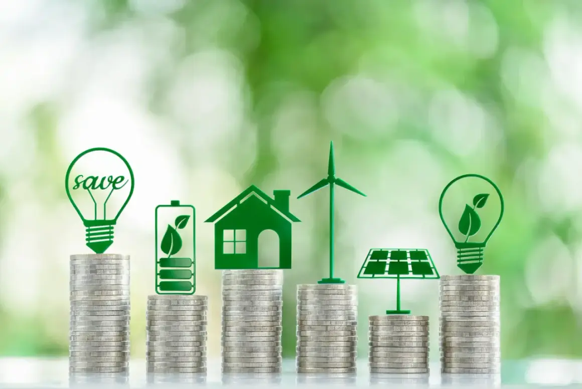 Stacks of coins topped with green icons of a lightbulb, battery, house, wind turbine, and solar panel, illustrating how to invest in renewable energy.