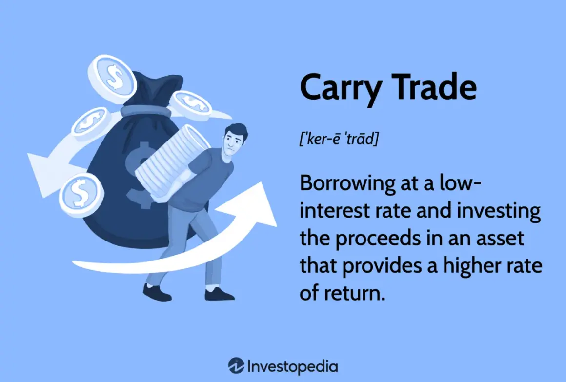 A man carries a stack of coins, symbolizing a carry trade strategy of borrowing low and investing high for profit.