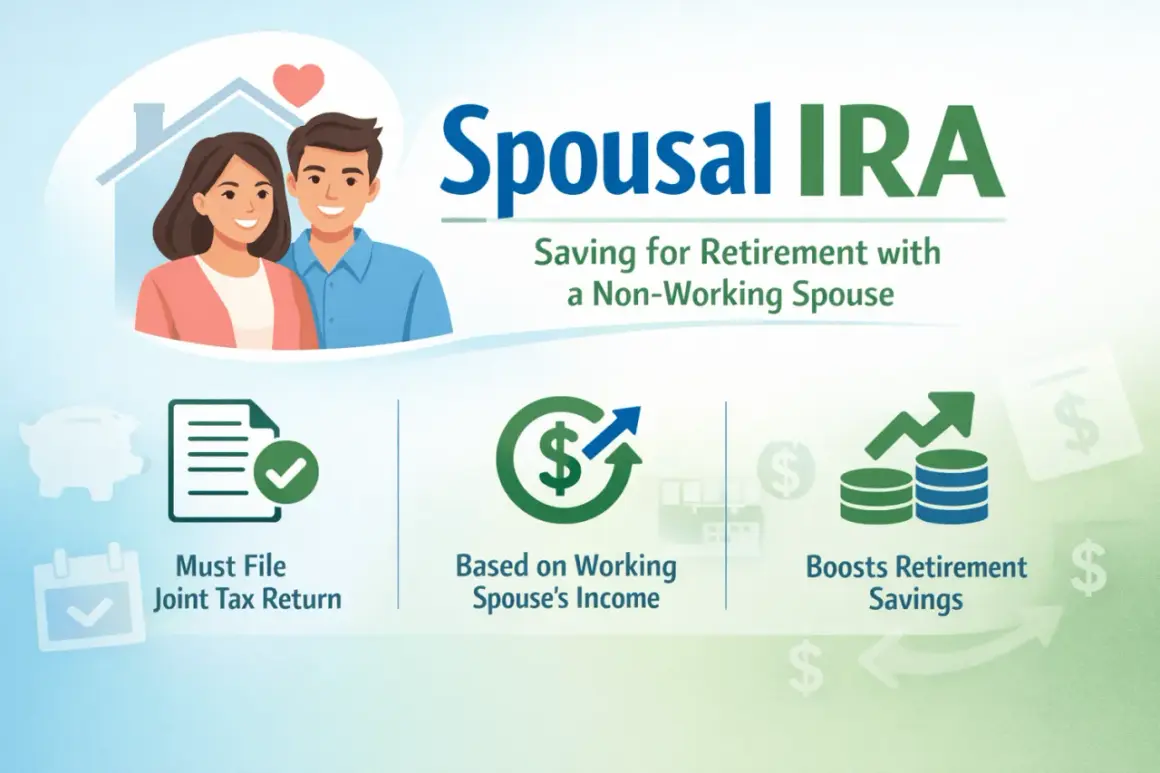 Illustration of a couple and the Spousal IRA concept, highlighting joint tax returns, income reliance, and boosted retirement savings.