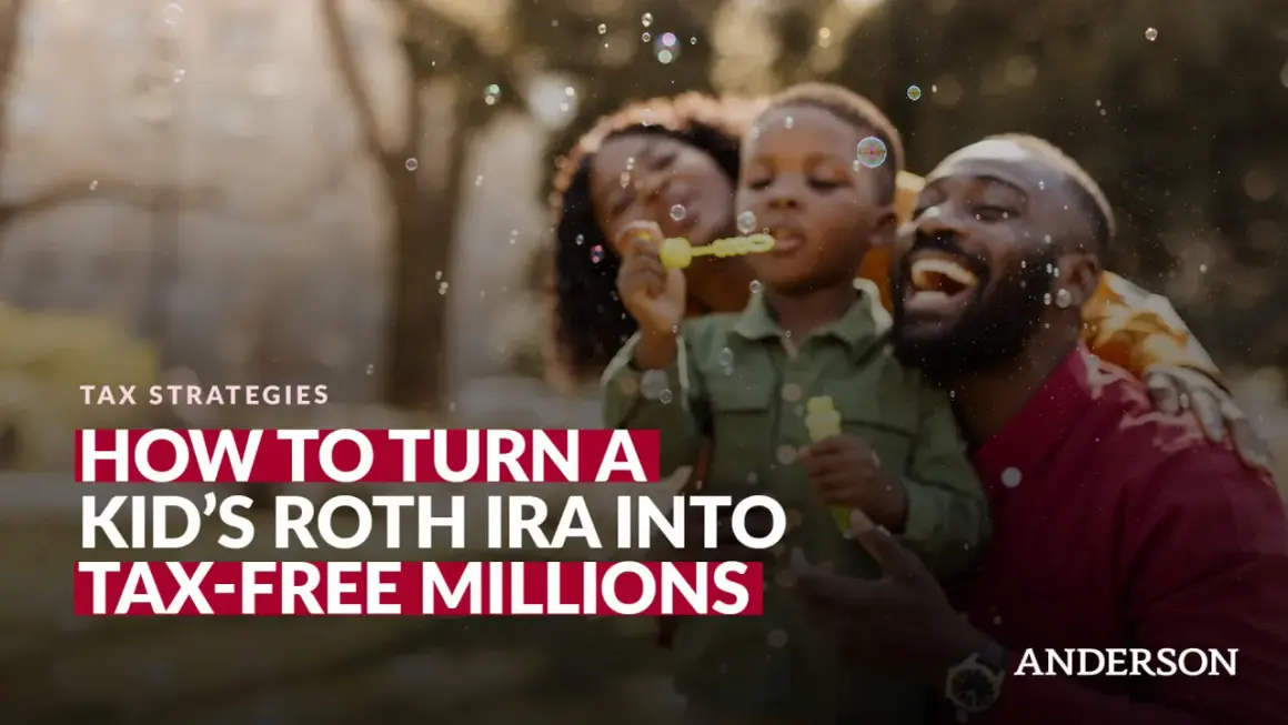 A family enjoys blowing bubbles, with text overlaying the image: "How to Turn a Kid's Roth IRA into Tax-Free Millions.