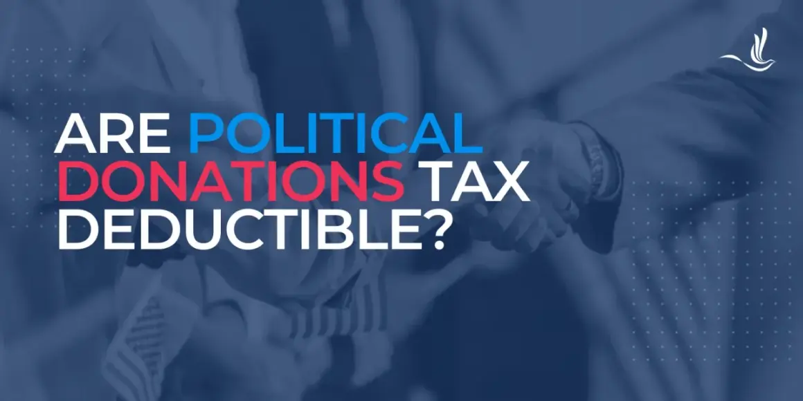 Text overlay asks: ARE POLITICAL DONATIONS TAX DEDUCTIBLE? Blurred background shows two people shaking hands.