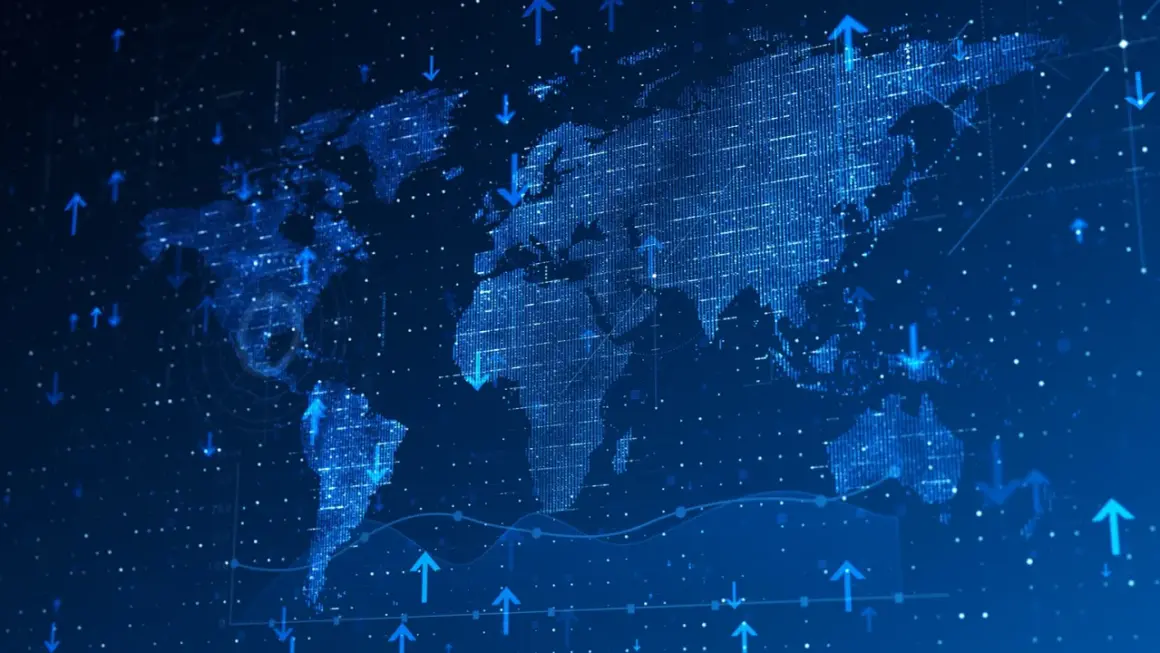 Digital world map with rising and falling arrows, suggesting global market trends and the VSS ETF's reach.