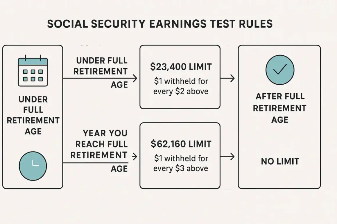 Social Security earnings test rules: Under full retirement age, $23,400 limit. Year you reach full retirement age, $62,160 limit. After full retirement age, no limit. This helps answer "how much can I earn while on Social Security in 2025".
