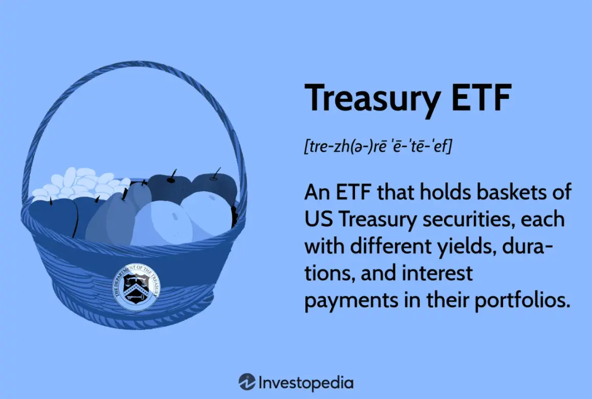 A basket of fruit, symbolizing a Treasury ETF, with text explaining it holds US Treasury securities.