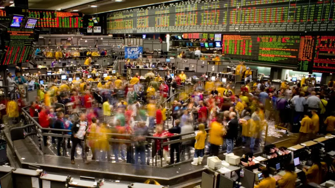 A bustling stock exchange floor, perhaps where Matt Berke of Morgan Stanley once navigated the trading frenzy.