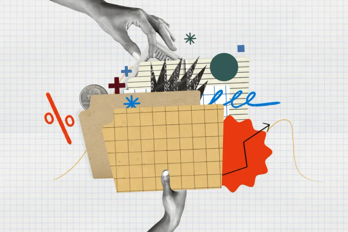 Hands interact with financial elements like money and charts, symbolizing the growth potential of the State Farm growth fund.