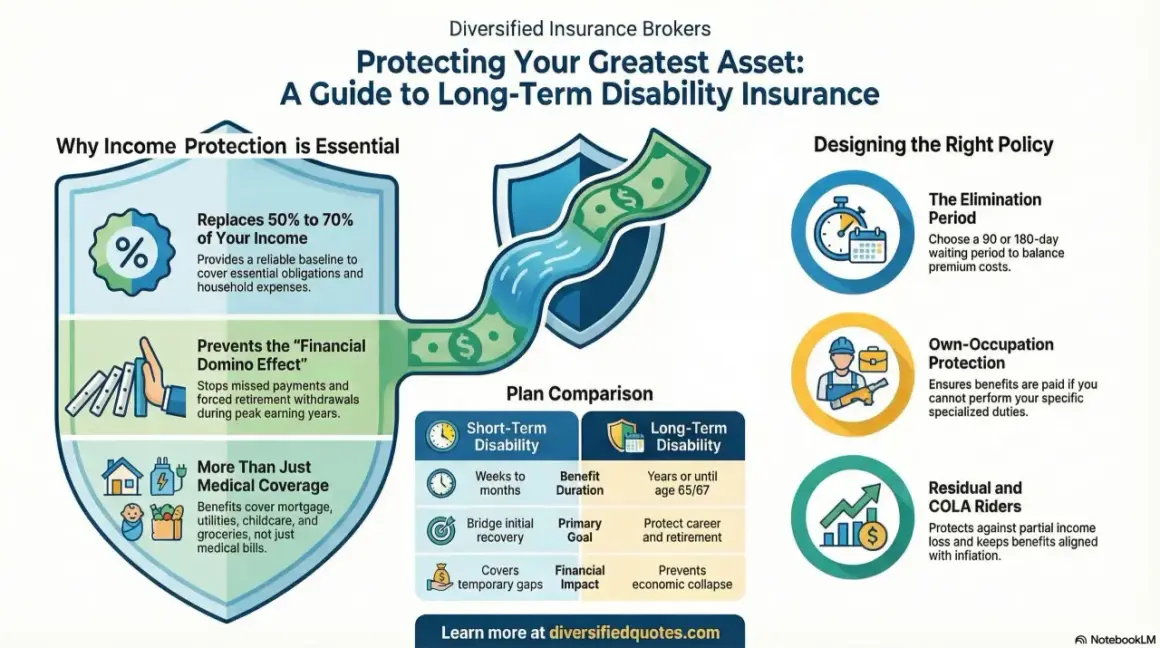 Infographic explaining what is disability insurance, its benefits like income replacement, and how to design a policy.