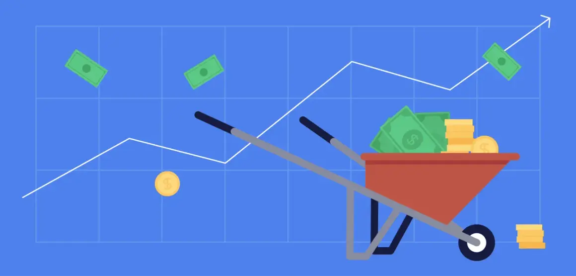 A wheelbarrow full of cash and coins on a graph, illustrating how dividends are taxed.