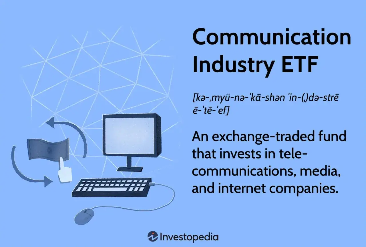 An illustration depicts a computer, keyboard, and mouse, with a dollar bill being exchanged, symbolizing investment in a Communication Industry ETF.