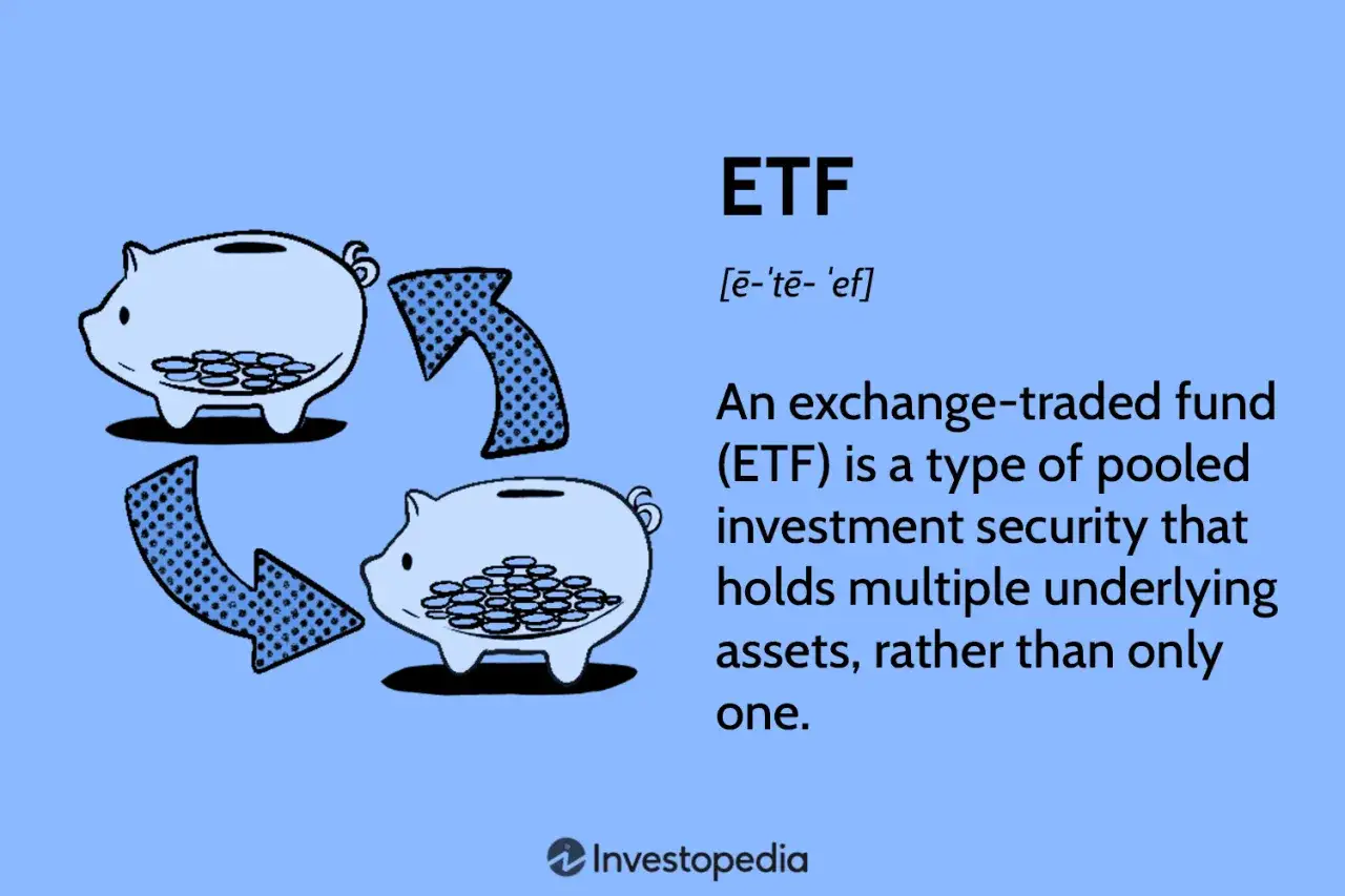 Two piggy banks with coins, connected by arrows, illustrate how ETFs diversify investments. Are ETFs safe? Yes, they offer diversification.
