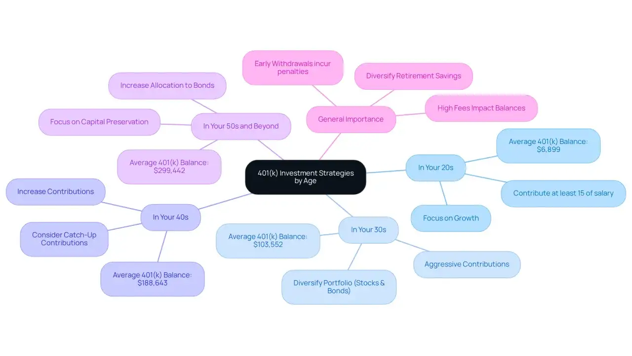 Mind map detailing 401(k) investment strategies by age, from focusing on growth in your 20s to capital preservation in your 50s.
