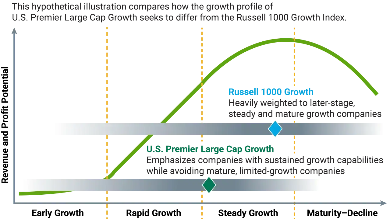 Chart comparing U.S. Premier Large Cap Growth's focus on sustained growth vs. Russell 1000 Growth's mature companies.