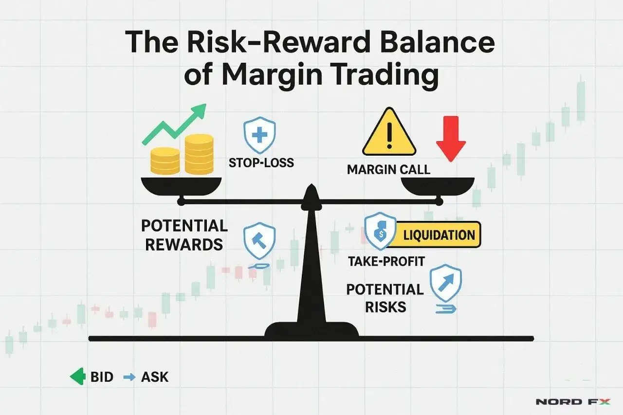 Illustration of the risk-reward balance in margin trading, showing potential rewards vs. risks, stop-loss, margin call, and liquidation.