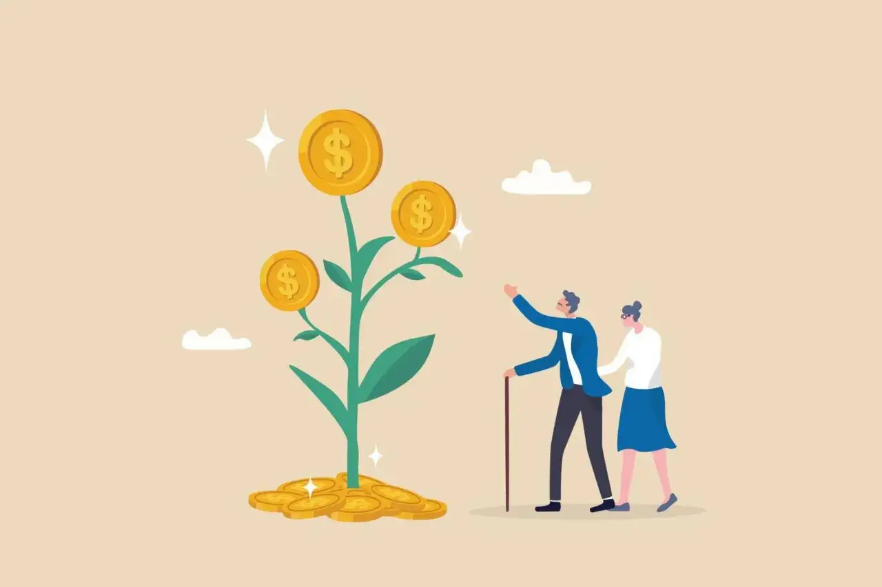 An elderly couple looks at a money tree, symbolizing growth from a defined contribution plan.