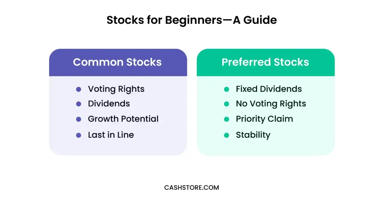 Guide to preferred stock vs common stock, highlighting voting rights, dividends, growth potential, and priority claims for beginners.