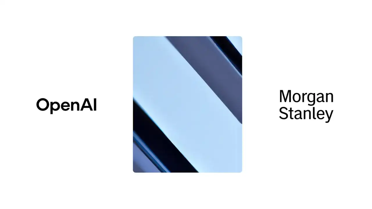 OpenAI and Morgan Stanley collaborate on AI advancements, symbolized by abstract blue and dark geometric shapes.