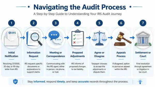 Infographic details the 7 steps of an IRS audit, from initial notification to settlement or court. Understanding what is an IRS audit is key to navigating this process.
