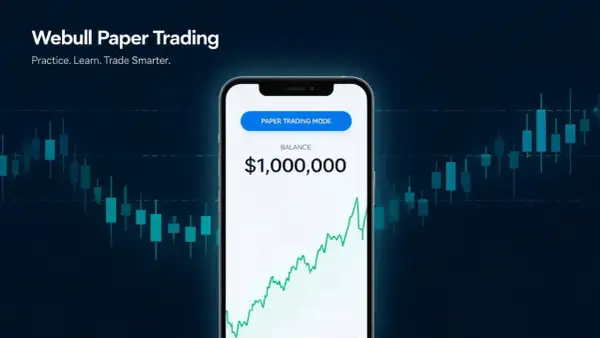 Webull Paper Trading app on a phone shows a $1,000,000 balance. This is how to practice what is paper trading without real money.