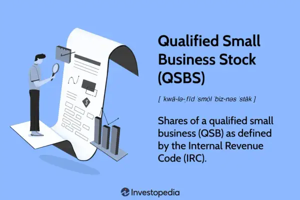 Illustration of a person examining a document about qualified small business stock (QSBS), with charts and a dollar sign.