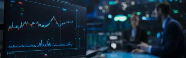 A stock market graph on a screen, with two blurred figures in suits in the background, possibly discussing a Morgan Stanley IPO.