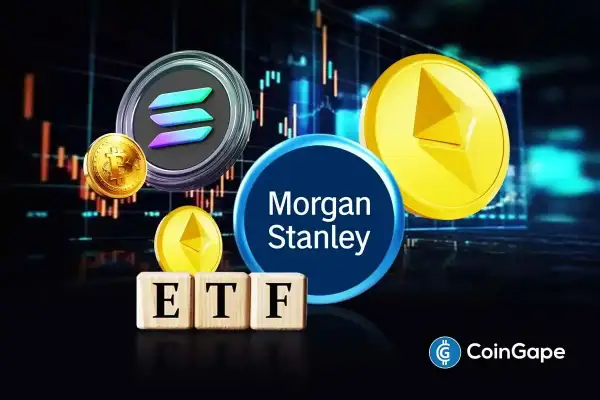 Bitcoin, Ethereum, and Solana coins surround the "Morgan Stanley ETFs" logo, with "ETF" spelled out on wooden blocks.