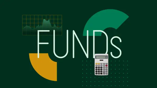 A calculator and a stock chart are shown next to the word "FUNDS," symbolizing investment and financial planning for your vo etf.