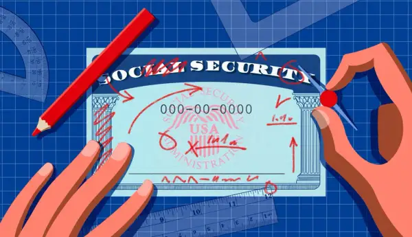 Hands and drafting tools surround a Social Security card, suggesting planning for savers credit.
