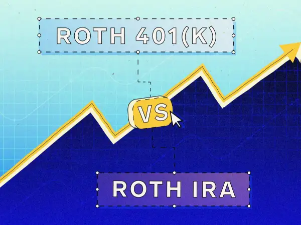 Comparing Roth 401(k) vs. Roth IRA. A rising graph shows growth potential for both retirement savings options.