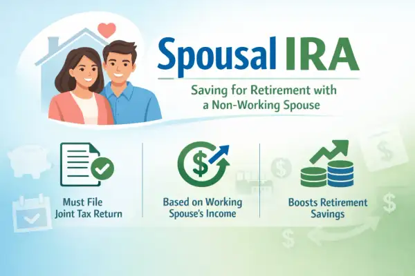 Illustration of a couple and the Spousal IRA concept, highlighting joint tax returns, income reliance, and boosted retirement savings.