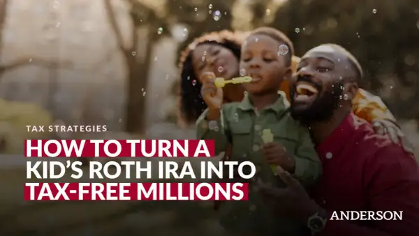 A family enjoys blowing bubbles, with text overlaying the image: "How to Turn a Kid's Roth IRA into Tax-Free Millions.