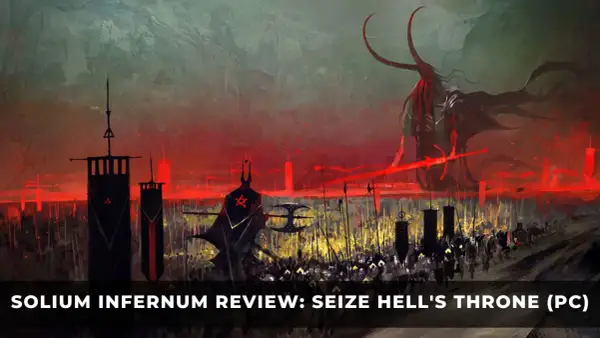 A demonic army marches under a blood-red sky in Solium Inc. infernum. A towering demon with horns leads the charge.