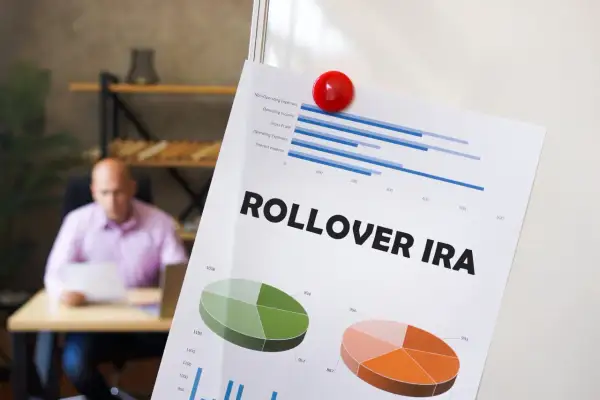 Paper titled "ROLLOVER IRA" with charts and graphs, showing financial data. Charitable contributions from IRAs are no longer allowed.