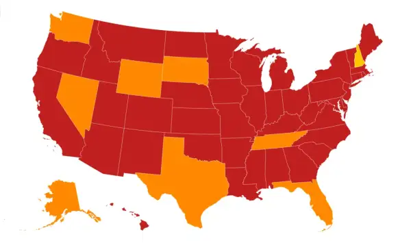 Map of the US showing states with no state tax in orange: Alaska, Florida, Nevada, New Hampshire, South Dakota, Tennessee, Texas, Washington, Wyoming.