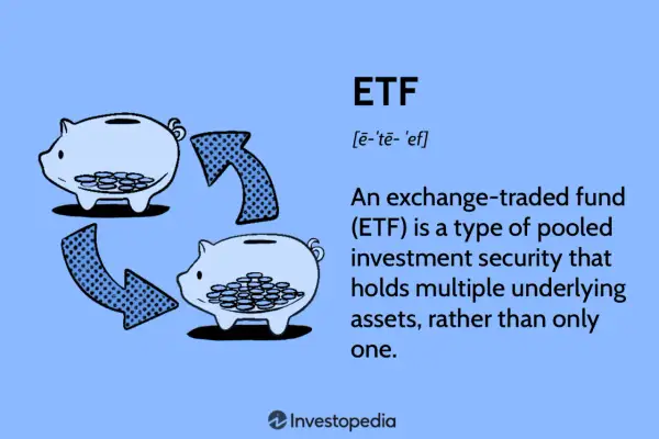 Two piggy banks with coins, connected by arrows, illustrate how ETFs diversify investments, making them a potentially safe way to grow your money.
