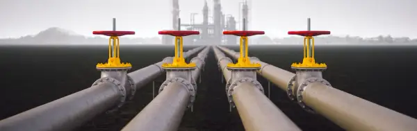 Rows of industrial pipes with red and yellow valves stretch towards a hazy refinery, symbolizing Morgan Stanley infrastructure.