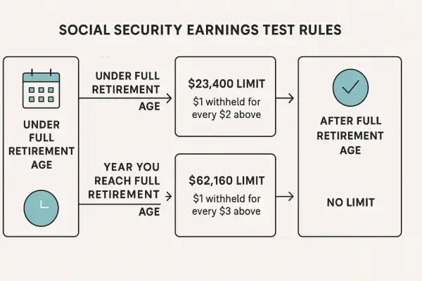 Social Security earnings test rules: Under full retirement age, $23,400 limit. Year you reach full retirement age, $62,160 limit. After full retirement age, no limit. This helps answer "how much can I earn while on Social Security in 2025".