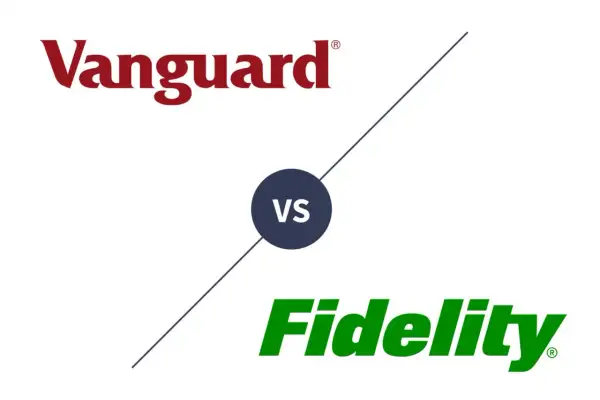 Vanguard vs. Fidelity logos with "VS" in the middle. Comparing Vanguard IRA fees and Fidelity IRA fees.