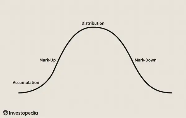 A bell curve illustrates the market cycle: accumulation, mark-up, distribution, and mark-down.