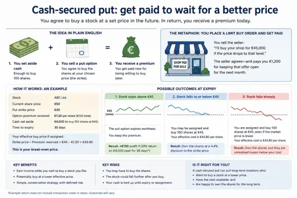 A cash-secured put strategy explained: set aside cash, sell a put option, receive a premium. Example shows buying 100 shares at €45.