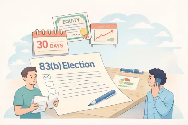 Two men discuss an 83(b) election form, with a calendar showing 30 days, equity certificate, and vesting chart in the background.