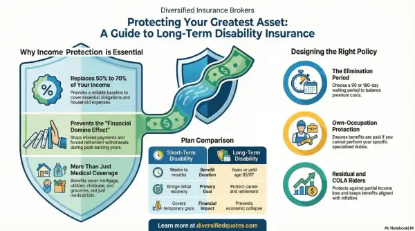 Infographic explaining what is disability insurance, its benefits like income replacement, and how to design a policy.