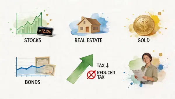 Invest in stocks, real estate, bonds, and gold to reduce taxable income. A woman reviews documents, symbolizing financial planning.