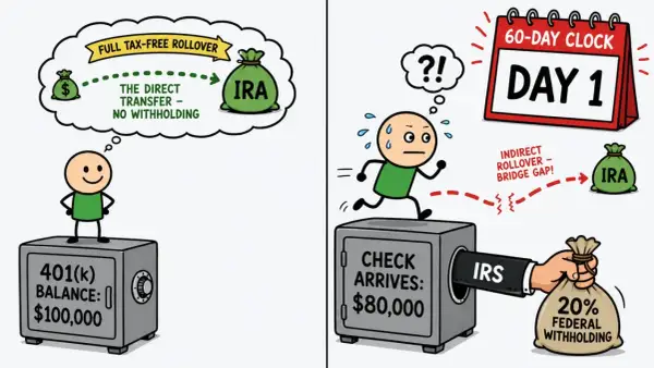 A person dreams of a tax-free 401(k) rollover. The reality involves a stressful 60-day clock, a check with 20% federal withholding, and a frantic rush to complete the indirect rollover.