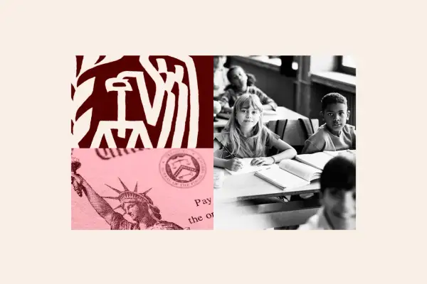 Children in a classroom, with imagery of the IRS and Statue of Liberty, hinting at the 2026 child tax credit.