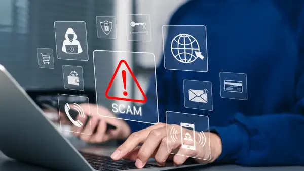 Rachel Wilson at Morgan Stanley is wary of online scams, as indicated by the prominent "SCAM" alert and icons for security, shopping, and communication.